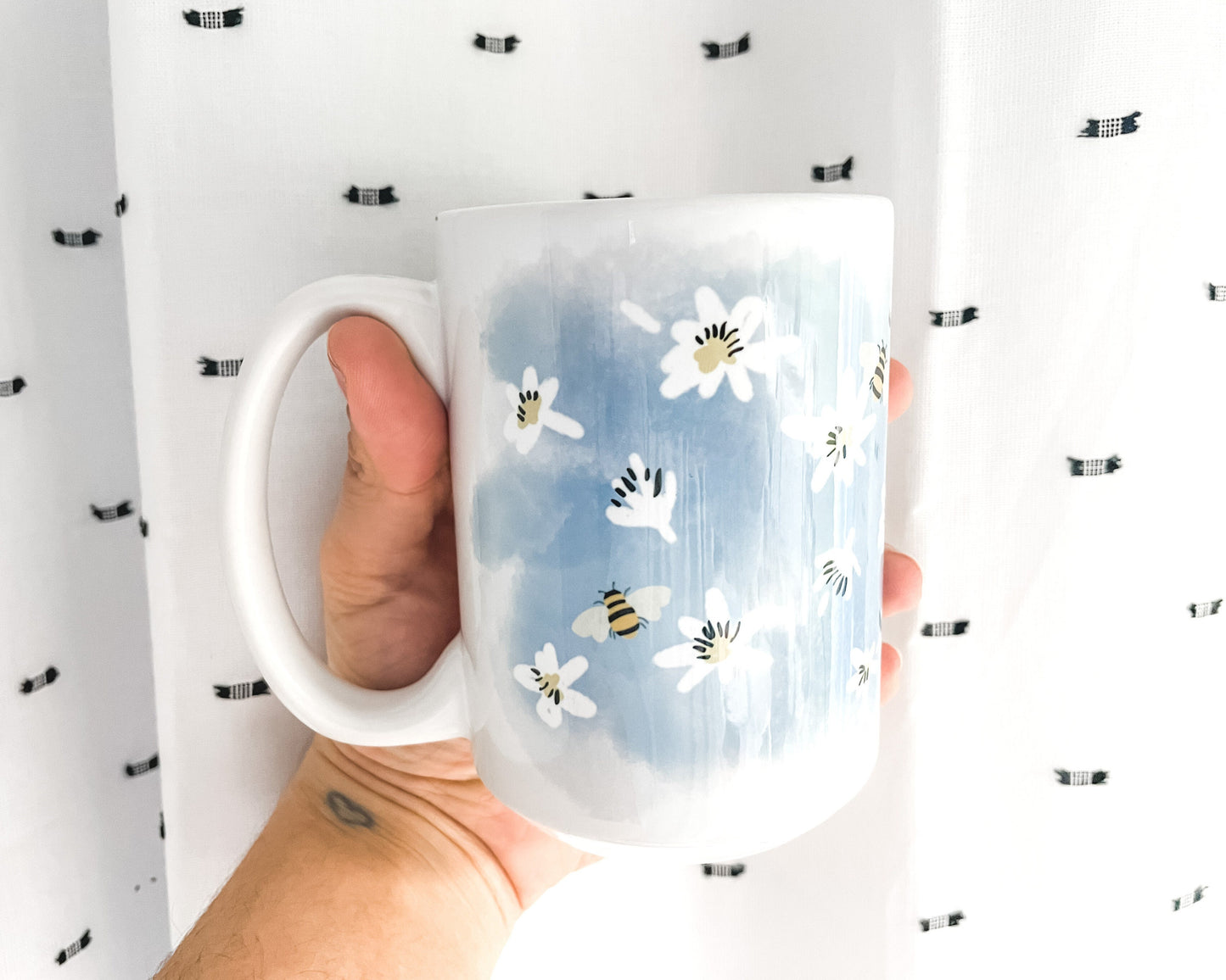 Daisy and Bumble Bee Watercolor Coffee Mug 15 oz.