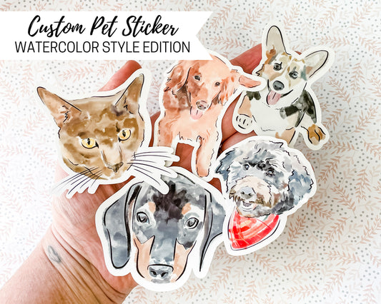 Custom Pet Watercolor Style Stickers, Head or Full Body