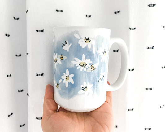 Daisy and Bumble Bee Watercolor Coffee Mug 15 oz.