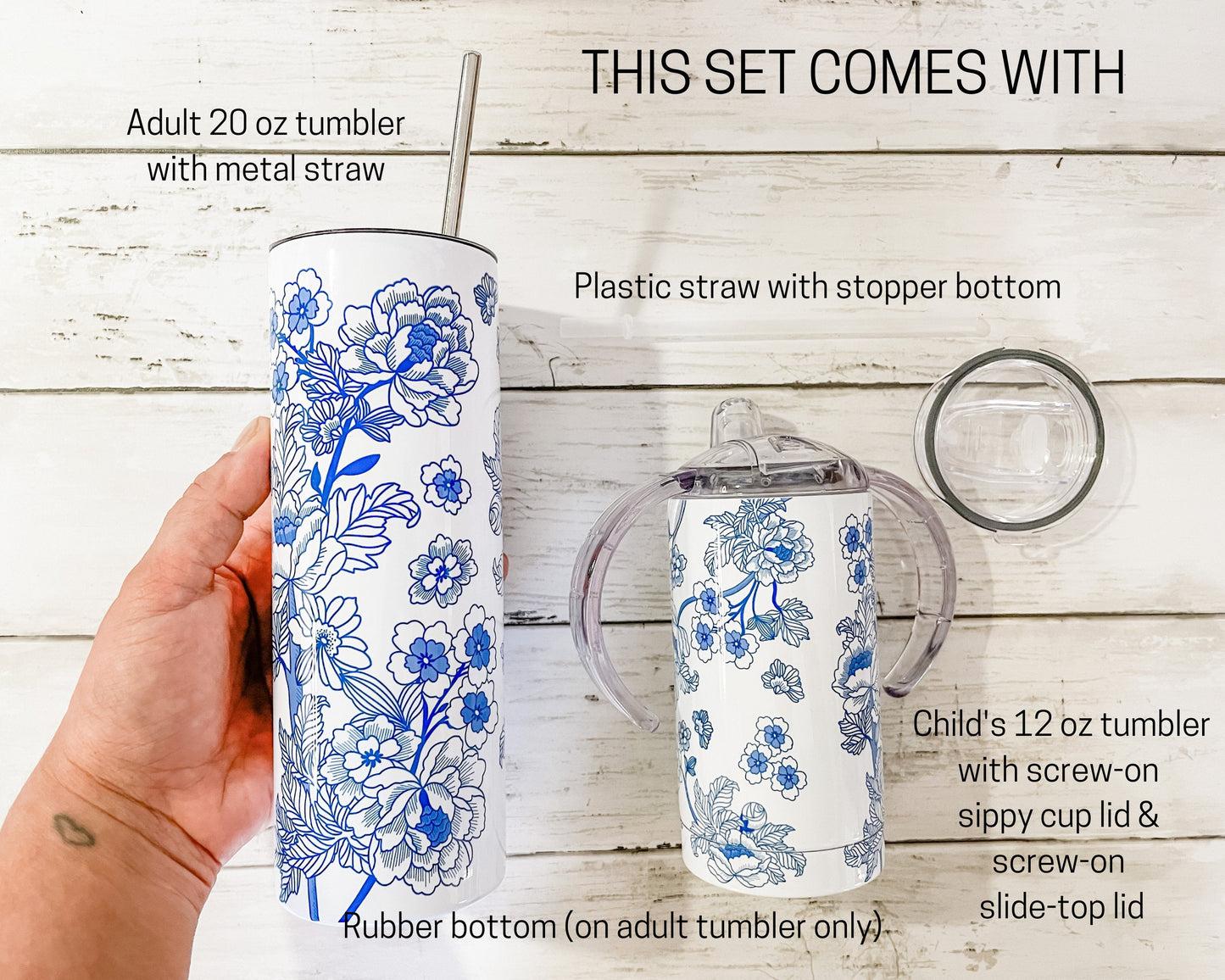 Mommy & Mini Matching  Blue White Chinoiserie Pattern Tumbler Set