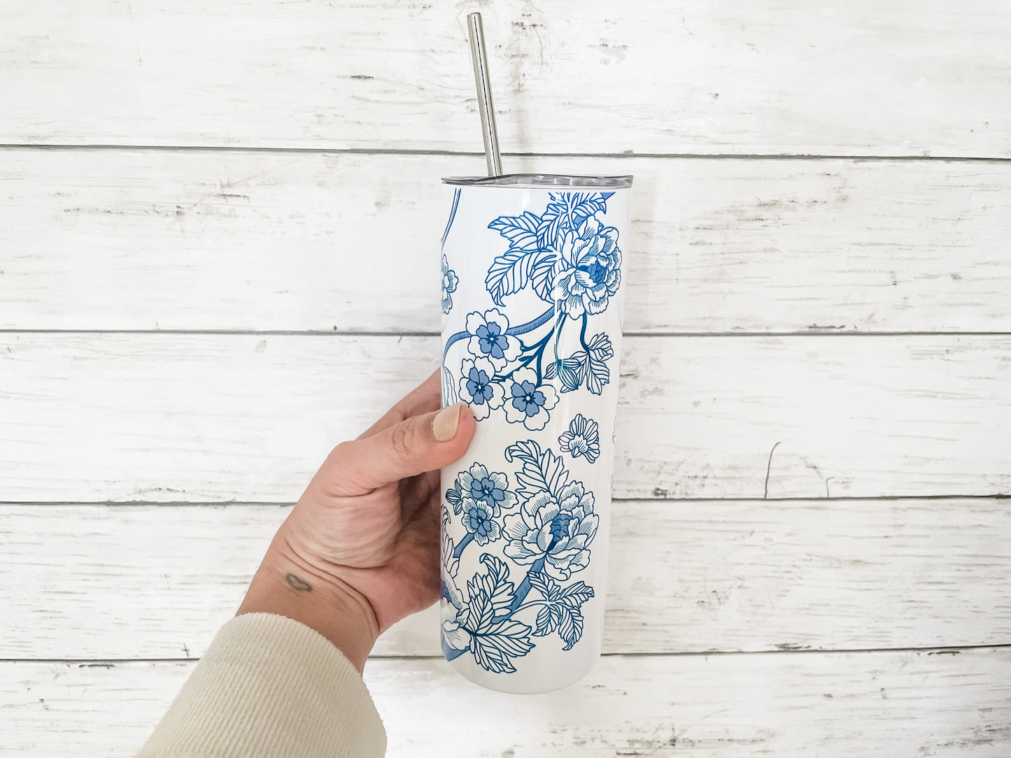 Blue and White Chinoiserie Print Tumbler