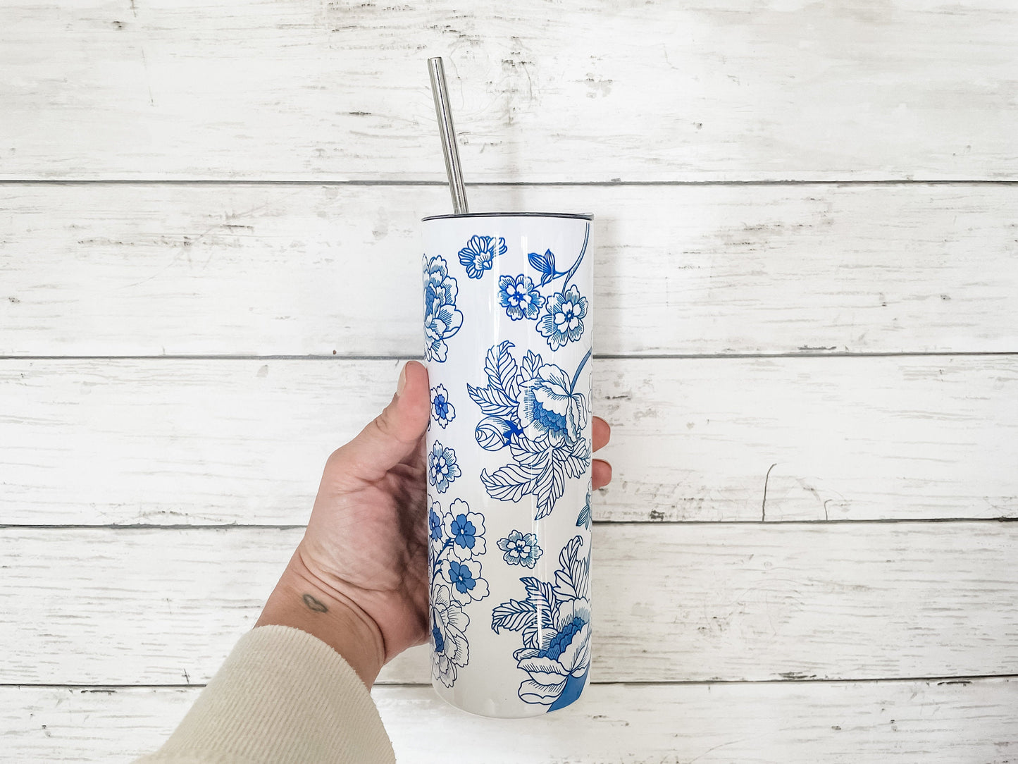 Blue and White Chinoiserie Print Tumbler