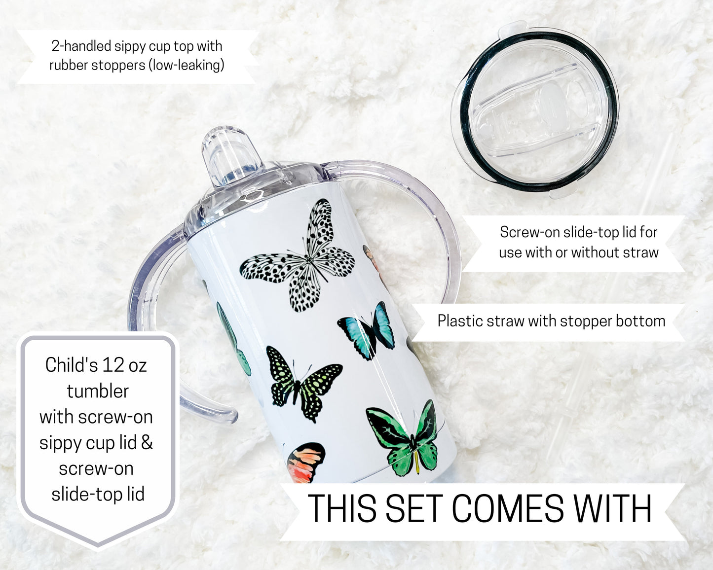Watercolor Butterfly Design 12 oz Sippy Cup Set
