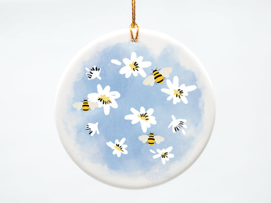 Watercolor Daisy and Bumble Bee 3 inch Ceramic Ornament
