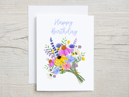 Happy Birthday Wildflower Bouquet Greeting Card, Birthday, Flower Lover, Gardener, Pretty Card, Celebration, Card for Her