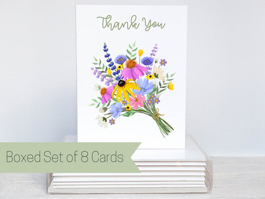 Set of 8 Thank You Wildflower Bouquet Greeting Cards, Blank