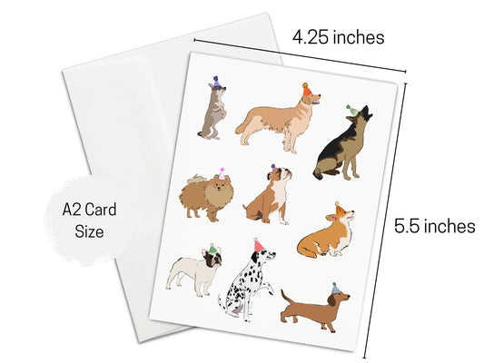 Dog Breeds Party Hat Card, Happy Birthday, Gotcha Day, Dog Adoption, Celebration, Dog Birthday, Dog Lover, Card for Him, Card for her