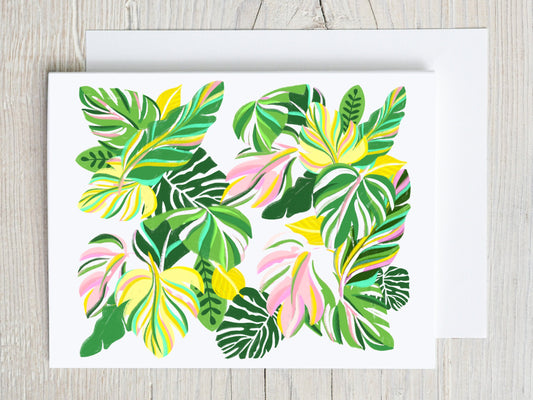 Tropical Leaves Colorful Greeting Card, Note Card, Blank, Gratitude, Simple Card, Thank You Note, Celebration, Card for Her, Green Pink
