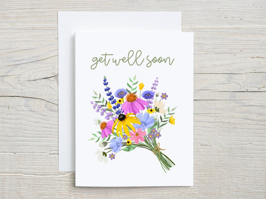Get Well Soon Wildflower Bouquet Greeting Card, Sick, Cancer, Thinking of You, Sympathy, Card for Her, Card for Him, Flower Lover
