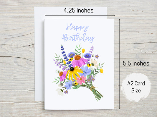 Happy Birthday Wildflower Bouquet Greeting Card, Birthday, Flower Lover, Gardener, Pretty Card, Celebration, Card for Her