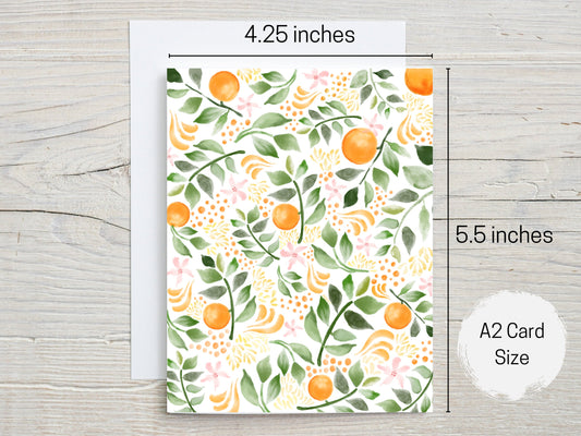 Orange Pattern Greeting Card, Blank, Note Card, Thank You Note, Citrus, Oranges, Orange Print, Orange Tree, Stationery, Card for Him or Her