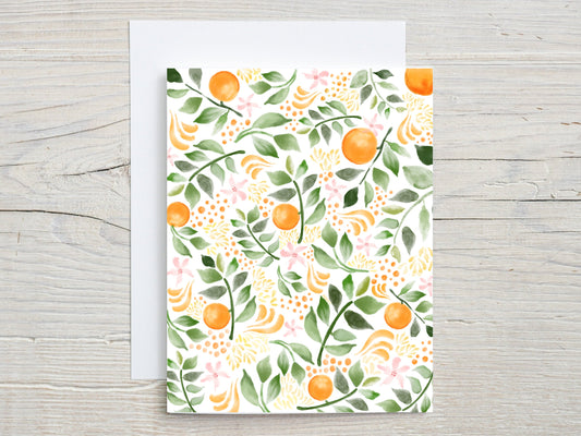 Orange Pattern Greeting Card, Blank, Note Card, Thank You Note, Citrus, Oranges, Orange Print, Orange Tree, Stationery, Card for Him or Her