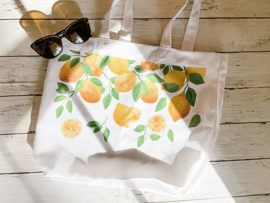 Lemon Print Tote Bag, Reusable, Market Tote, Shopping Bag, Lemons, Watercolor, Citrus Print, Sustainable Shoulder Bag Washable