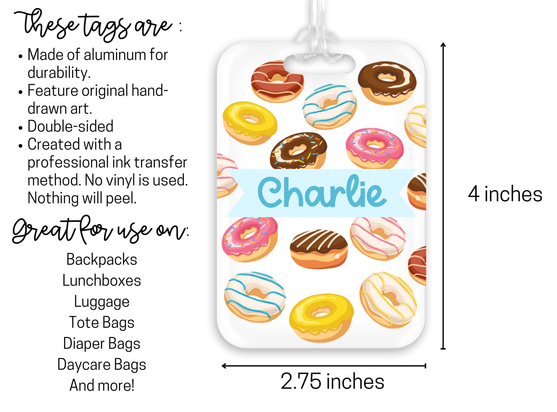 Backpack Daycare Lunchbox Tag, Donuts, Back To School, Luggage Tag, Day Care, Diaper Bag, Name Tag, Identification Tag, Doughnuts, Sprinkles