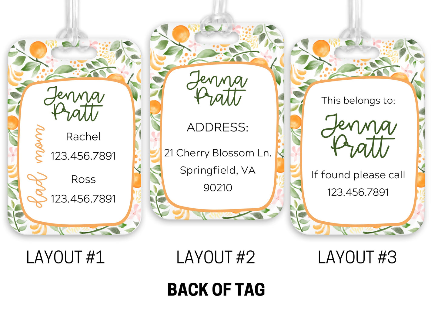 Backpack Daycare Lunchbox Tag, Orange Branch Pattern, Back To School, Luggage Day Care Diaper Tote Bag, Name Tag, Kids Identification Tag