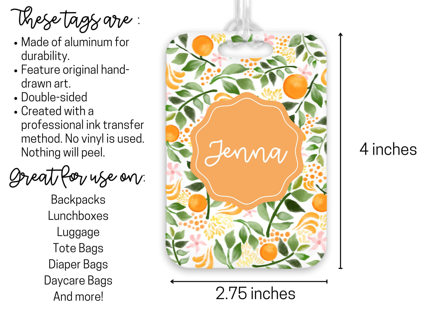 Backpack Daycare Lunchbox Tag, Orange Branch Pattern, Back To School, Luggage Day Care Diaper Tote Bag, Name Tag, Kids Identification Tag