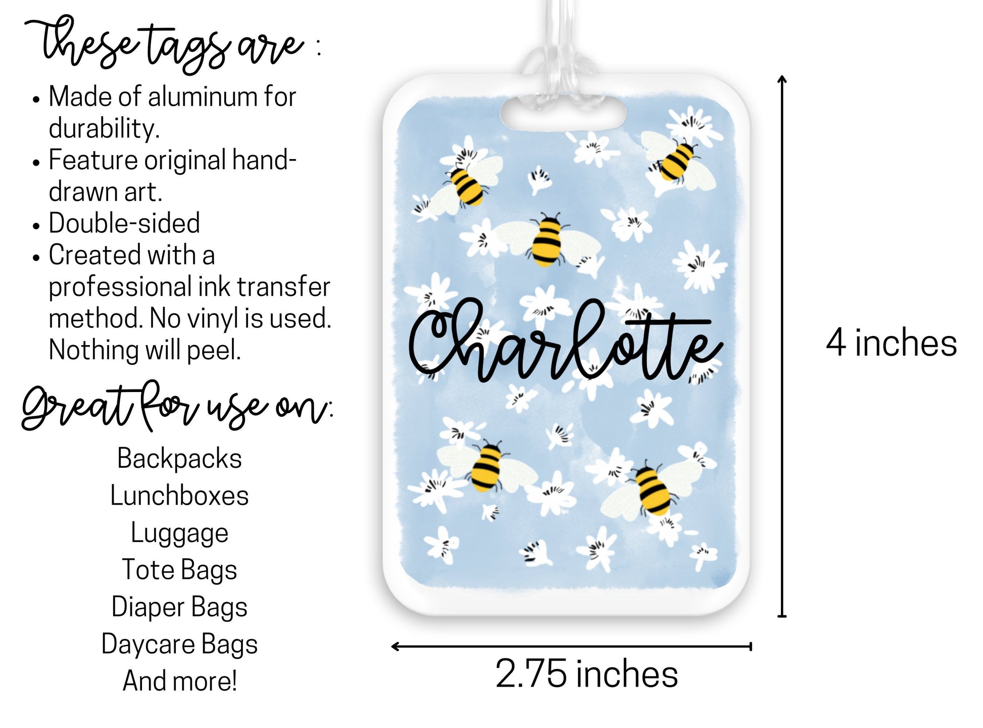 Backpack Daycare Lunchbox Tag, Daisy and Bumble Bee, Back To School, Luggage Tag, Day Care, Diaper Bag, Name Tag, Identification Tag