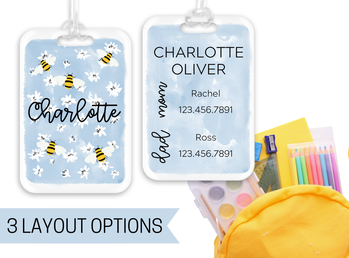 Backpack Daycare Lunchbox Tag, Daisy and Bumble Bee, Back To School, Luggage Tag, Day Care, Diaper Bag, Name Tag, Identification Tag