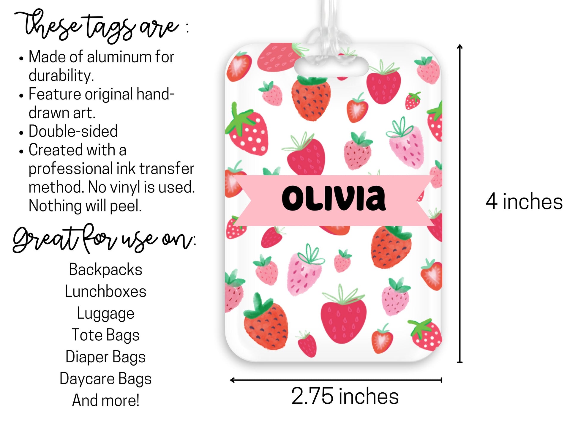 Backpack Daycare Lunchbox Tag, Strawberry, Back To School, Strawberries, Luggage Tag, Day Care, Diaper Bag, Name Tag, Identification Tag