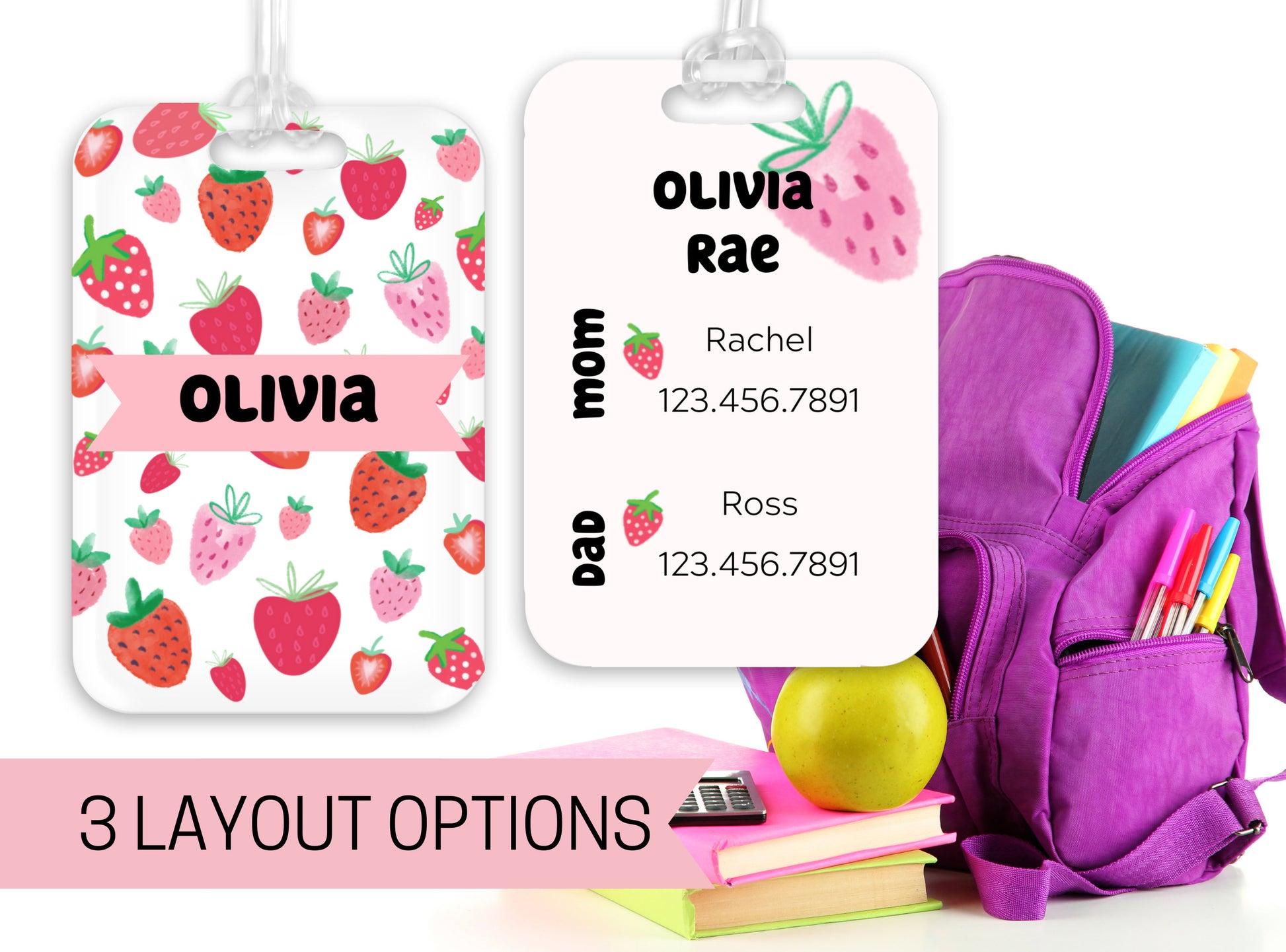 Backpack Daycare Lunchbox Tag, Strawberry, Back To School, Strawberries, Luggage Tag, Day Care, Diaper Bag, Name Tag, Identification Tag