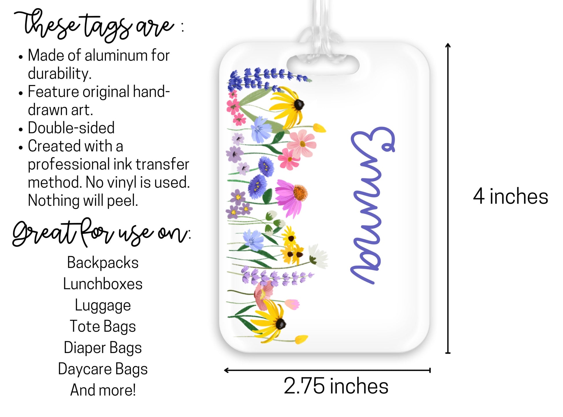 Backpack Daycare Lunchbox Tag, Wildflower, Floral, Flowers, Back To School, Luggage Tag, Day Care, Diaper Bag, Name Tag, Identification Tag