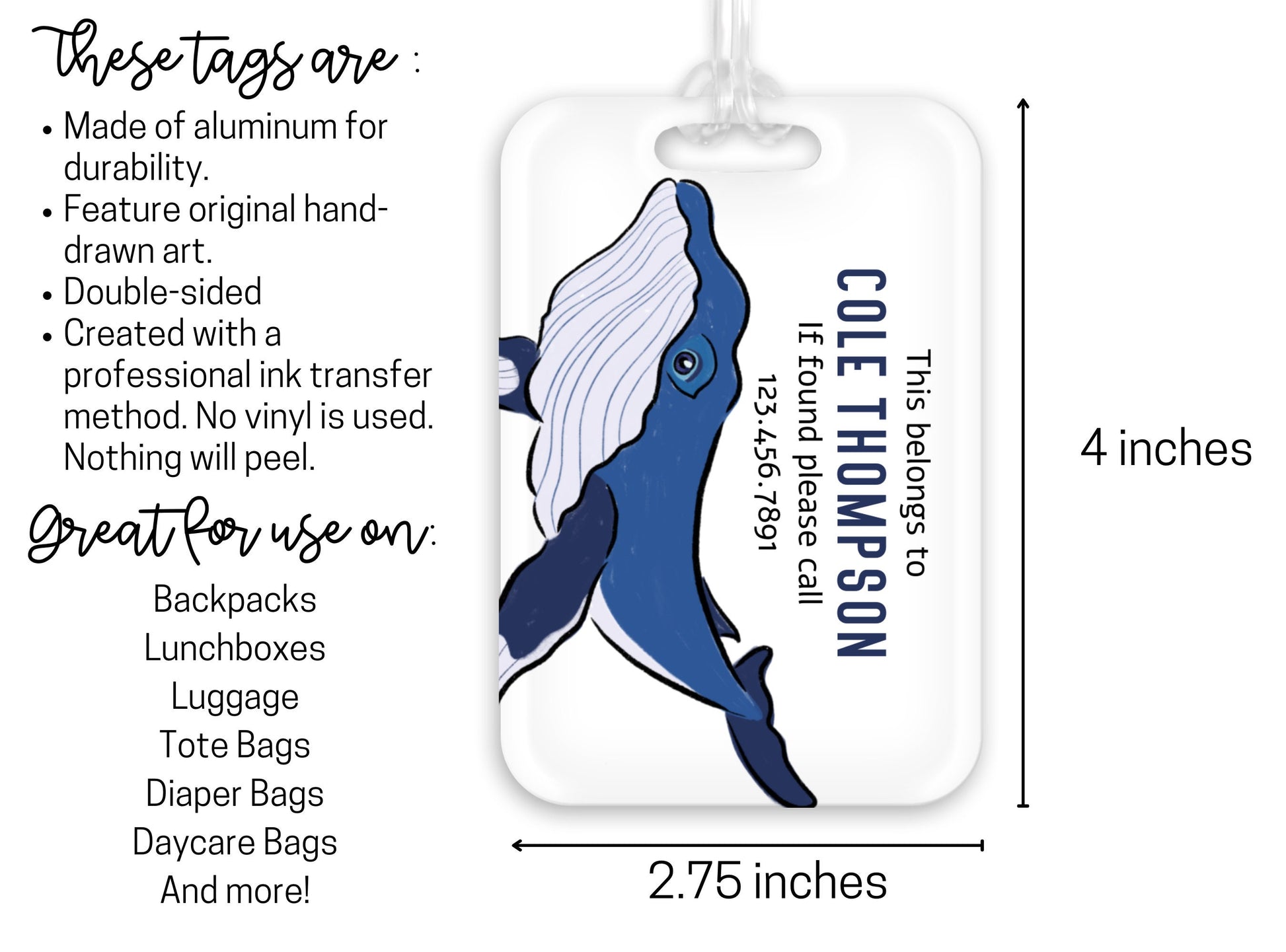 Backpack Daycare Lunchbox Tag, Blue Whale, Back To School, Luggage Tag, Day Care, Diaper Bag, Name Tag, Identification Tag, Ocean, Sea