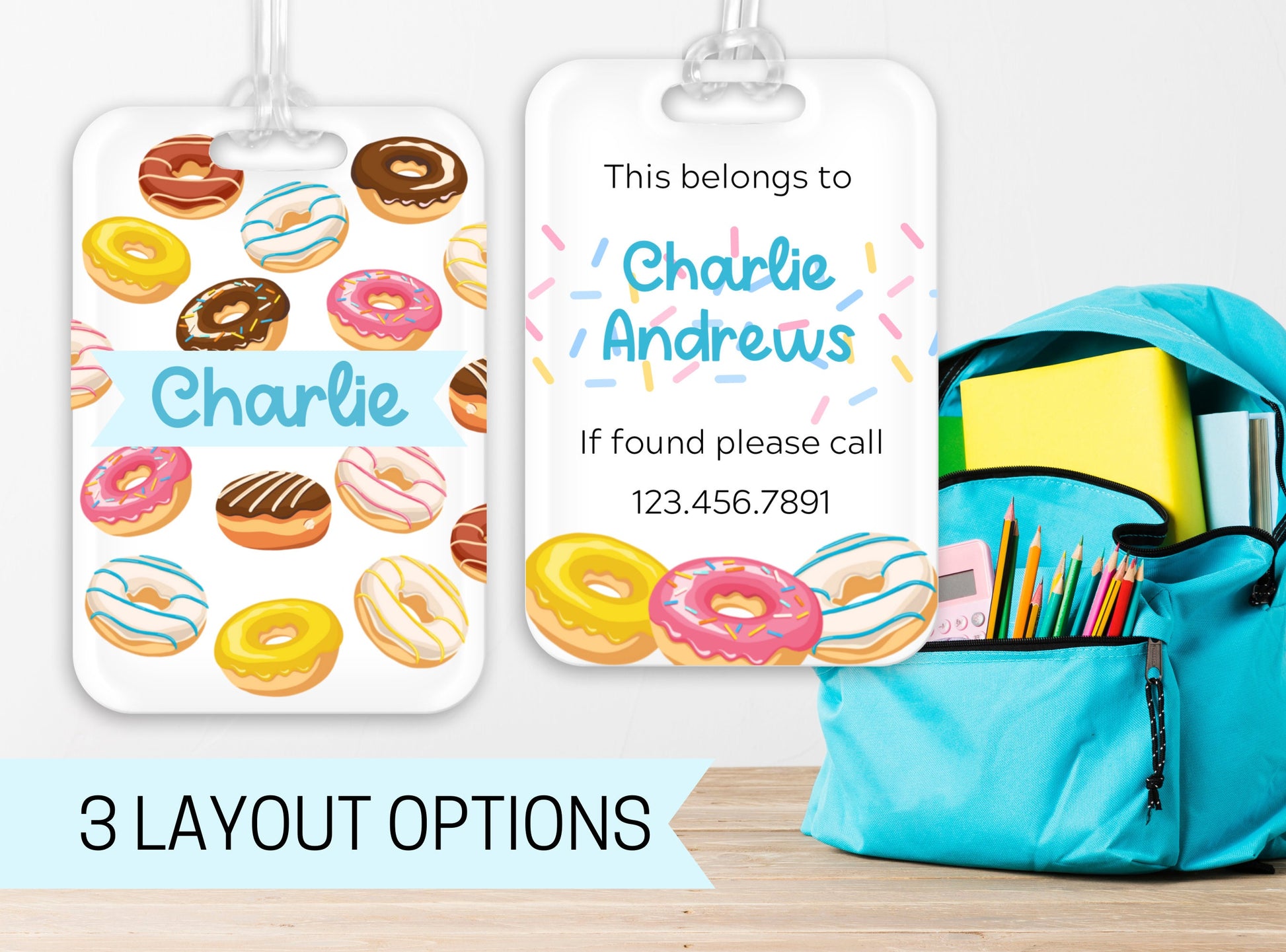 Backpack Daycare Lunchbox Tag, Donuts, Back To School, Luggage Tag, Day Care, Diaper Bag, Name Tag, Identification Tag, Doughnuts, Sprinkles