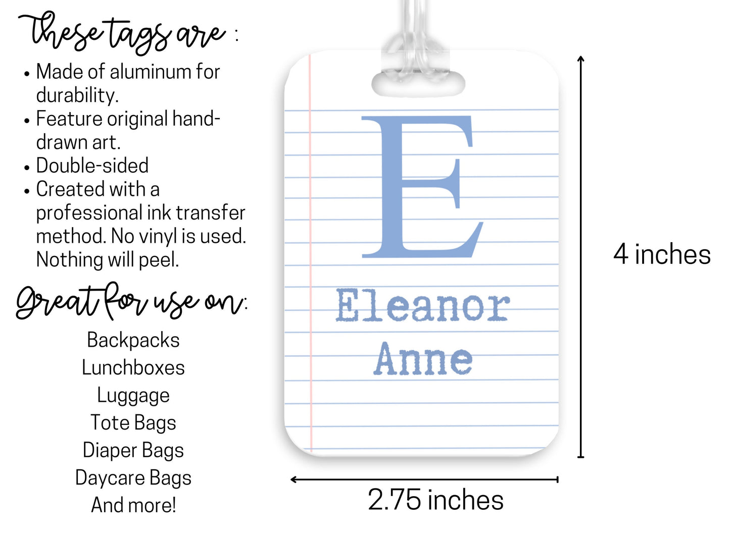 Backpack Daycare Lunchbox Tag, Notebook Paper, Back To School, Luggage Day Care Diaper Tote Bag, Name Tag, Kids Identification Tag