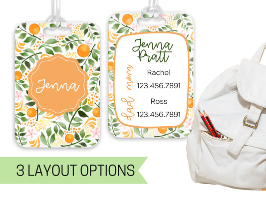 Backpack Daycare Lunchbox Tag, Orange Branch Pattern, Back To School, Luggage Day Care Diaper Tote Bag, Name Tag, Kids Identification Tag