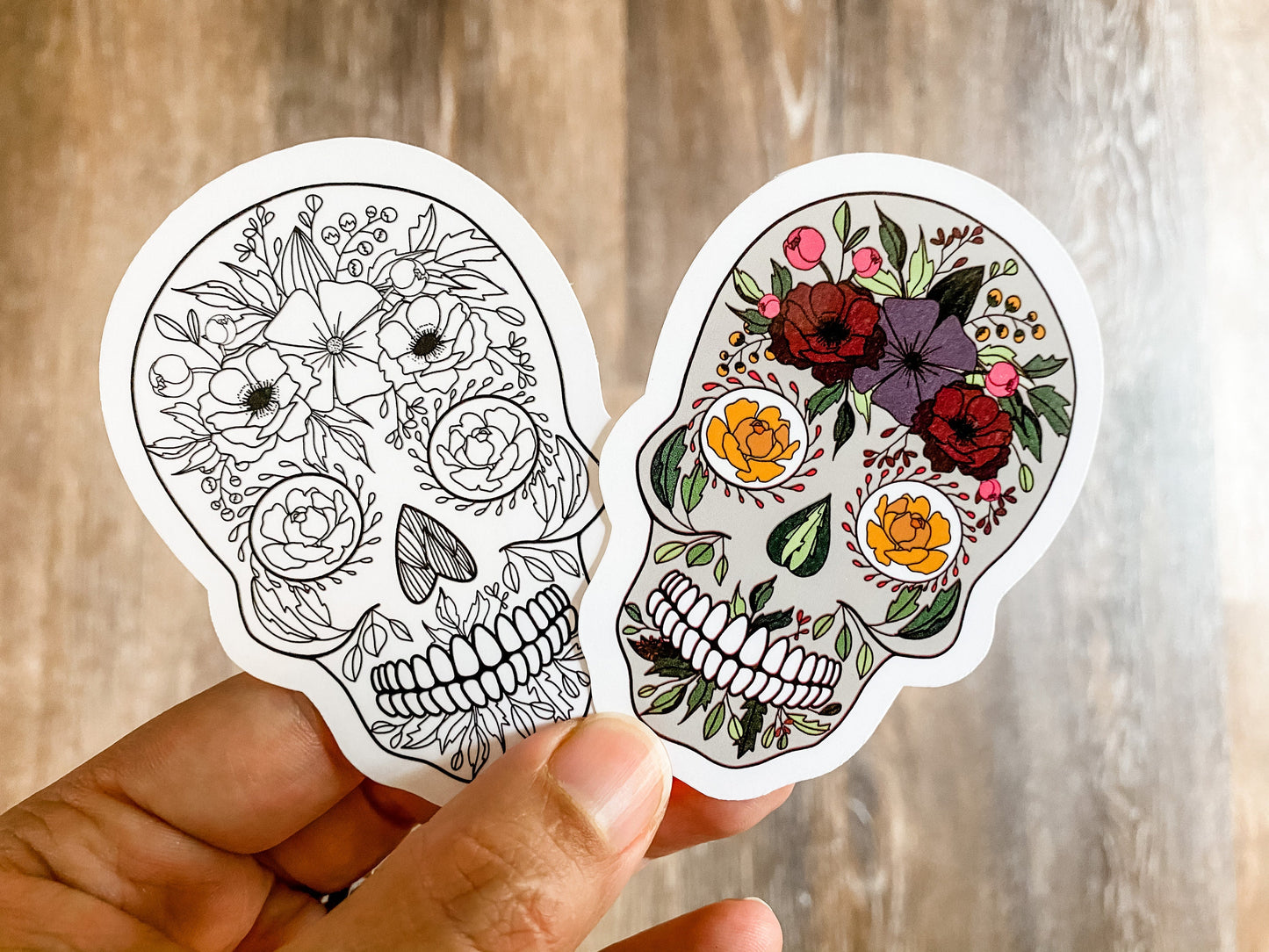 Sugar Skulls Day of the Dead 3.5 inch and 2 inch Tall Vinyl Stickers in Black & White or Color  | Halloween Sticker | Spooky | Hand Drawn