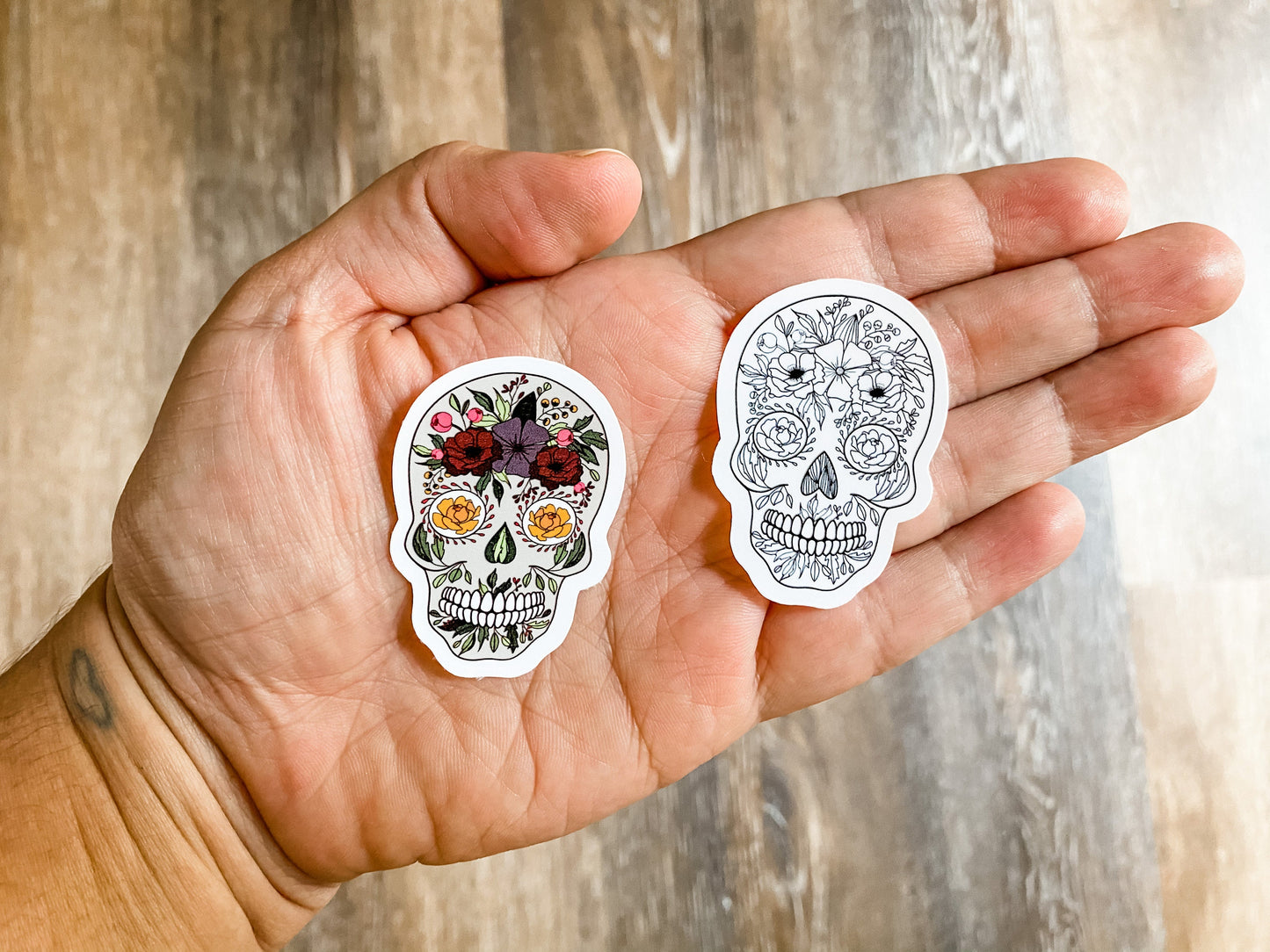 Sugar Skulls Day of the Dead 3.5 inch and 2 inch Tall Vinyl Stickers in Black & White or Color  | Halloween Sticker | Spooky | Hand Drawn