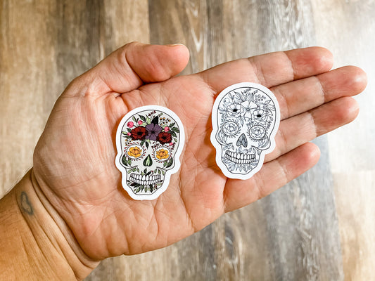Sugar Skulls Day of the Dead 3.5 inch and 2 inch Tall Vinyl Stickers in Black & White or Color  | Halloween Sticker | Spooky | Hand Drawn