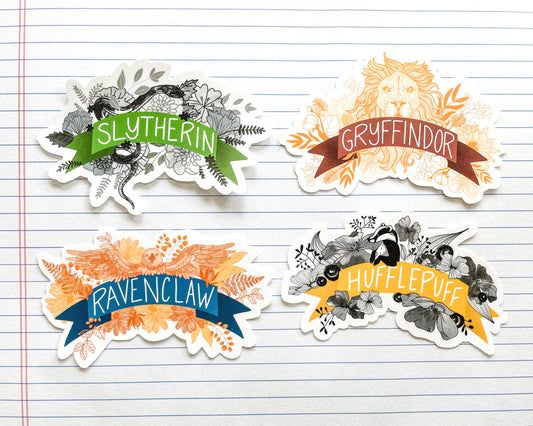 Wizard School Houses, Vinyl Stickers, 4 inches wide, Sticker Pack, Ravenclaw Hufflepuff Slytherin Gryffindor