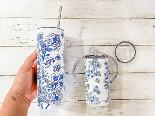 Mommy & Mini Matching  Blue White Chinoiserie Pattern Tumbler Set