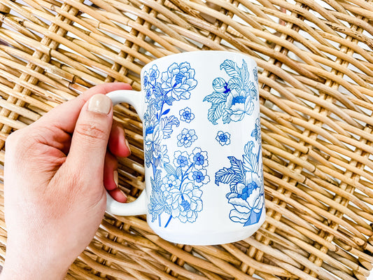 Blue and White Chinoiserie Print Mug 15 oz
