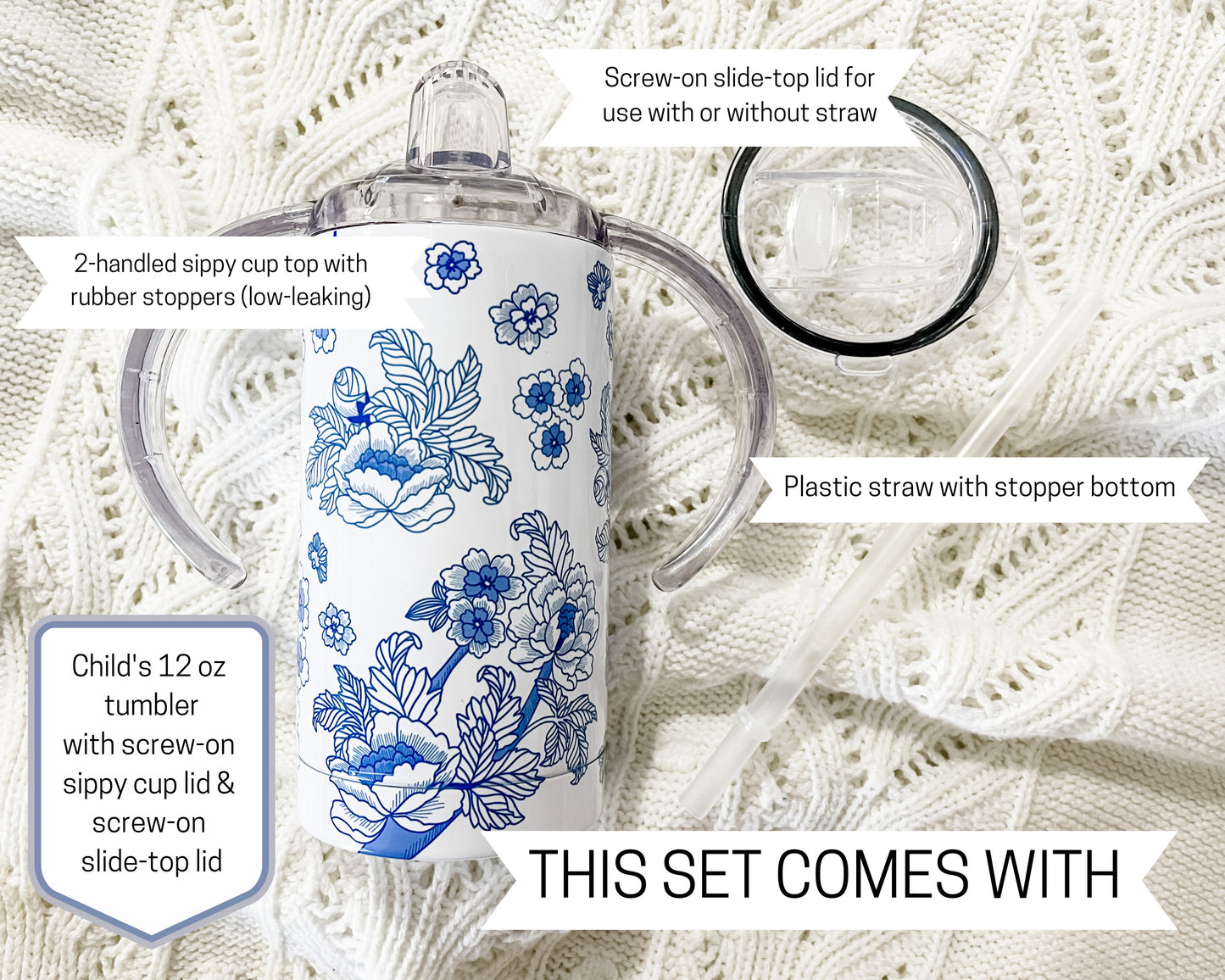 Blue and White Chinoiserie Print Sippy Tumbler Set