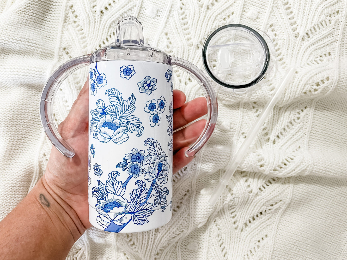 Blue and White Chinoiserie Print Sippy Tumbler Set