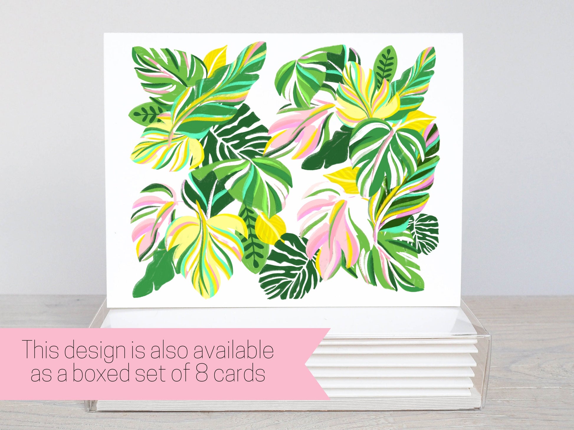Tropical Leaves Colorful Greeting Card, Note Card, Blank, Gratitude, Simple Card, Thank You Note, Celebration, Card for Her, Green Pink