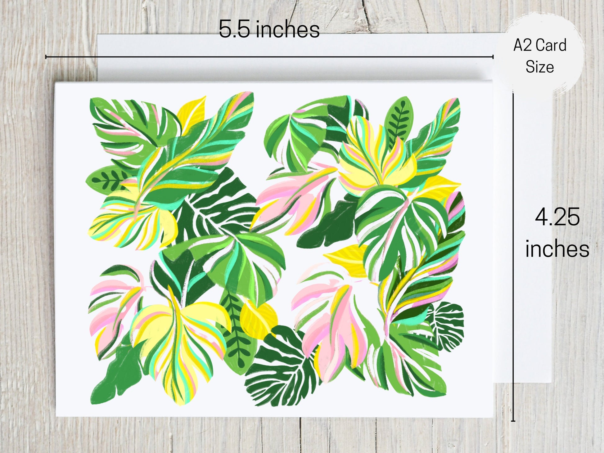 Tropical Leaves Colorful Greeting Card, Note Card, Blank, Gratitude, Simple Card, Thank You Note, Celebration, Card for Her, Green Pink