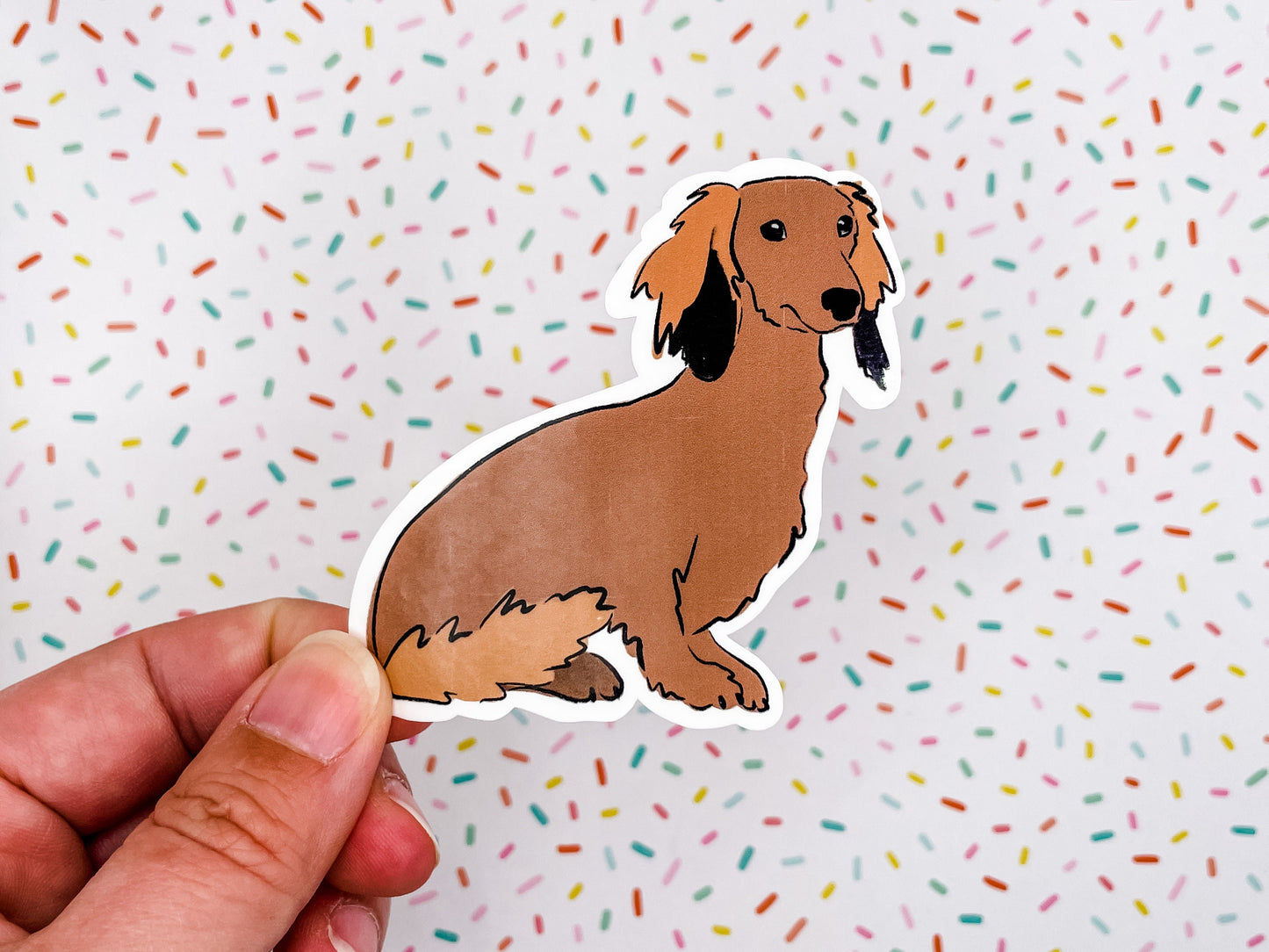 Long Haired Brown Dachshund Illustration Vinyl Sticker 3 inches