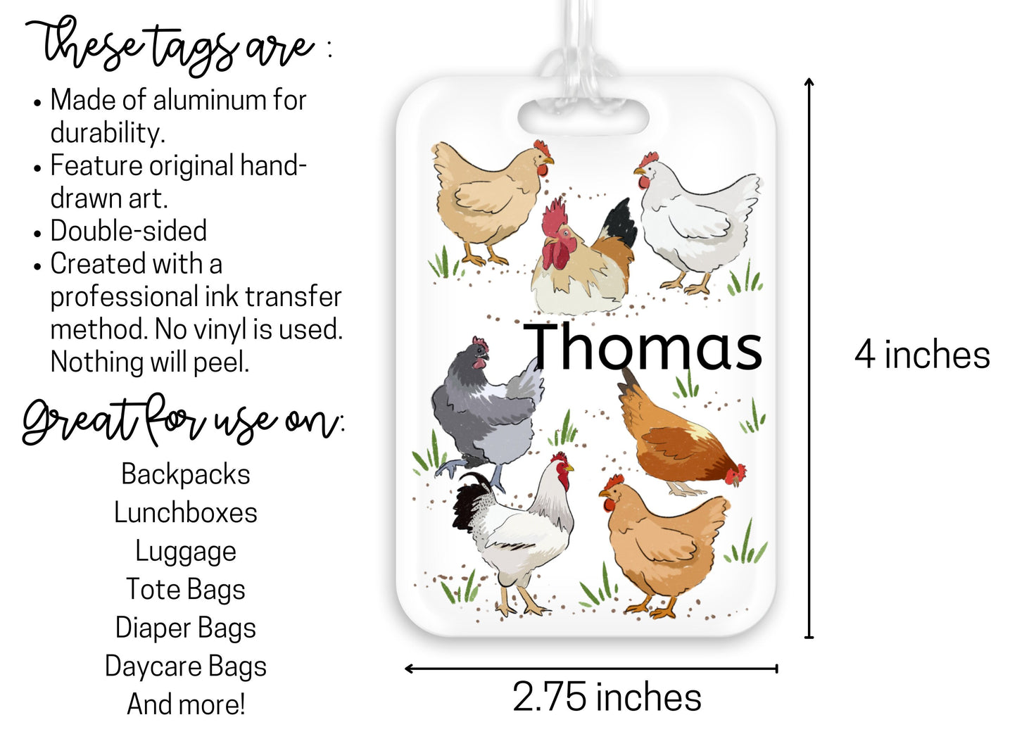 Backpack Daycare Lunchbox Tag Chicken Farm Print, Back To School, Luggage Tag, Day Care, Diaper Bag, Name Tag, Identification Tag, Chickens