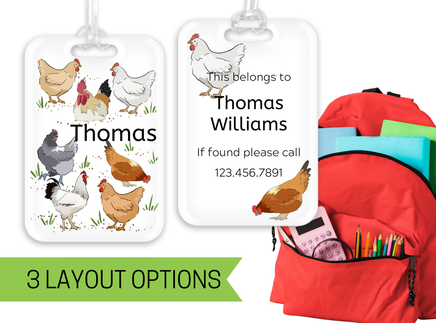 Backpack Daycare Lunchbox Tag Chicken Farm Print, Back To School, Luggage Tag, Day Care, Diaper Bag, Name Tag, Identification Tag, Chickens