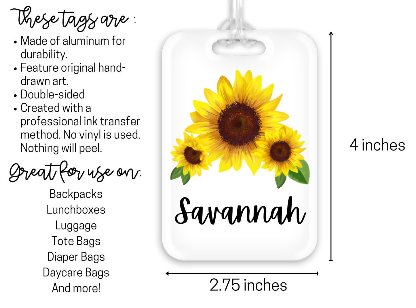 Backpack Daycare Lunchbox Tag, Sunflower, Sunflowers, Back To School, Luggage Day Care Diaper Tote Bag, Name Tag, Kids Identification Tag