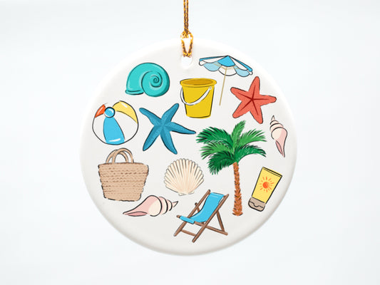 Beach Theme 3 inch Ceramic Ornament, Hand Drawn, Commemorative Beach Trip, Christmas Ornament, Stocking Stuffer, Summer, Trip, Gift