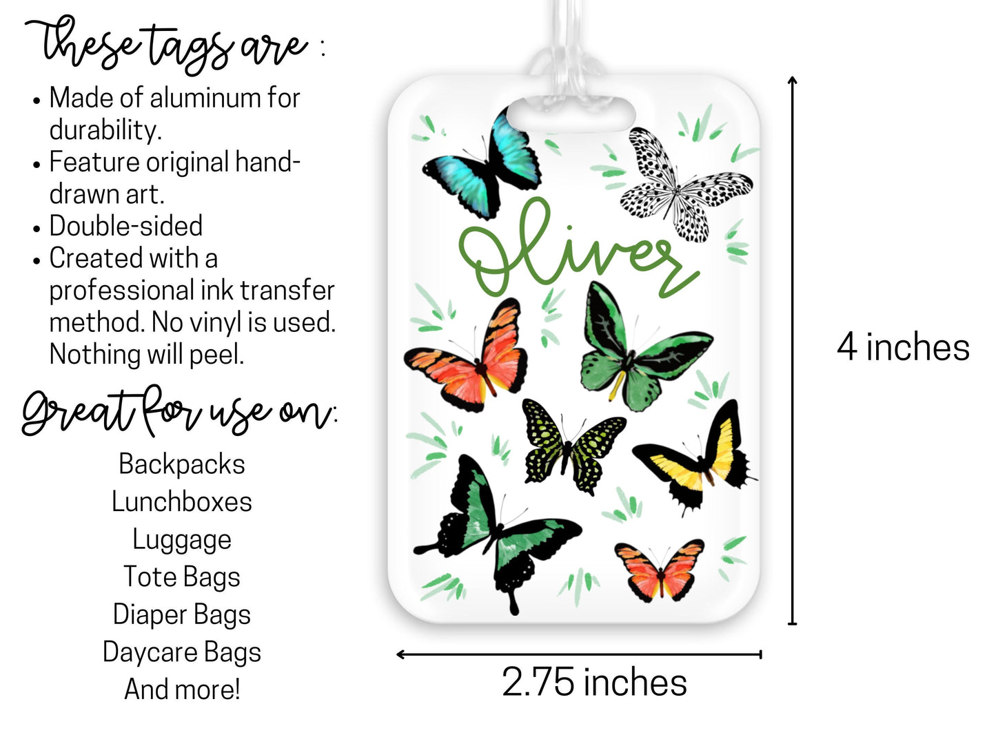 Backpack Daycare Lunchbox Tag, Butterfly, Butterflies Back To School, Luggage Tag, Day Care, Diaper Bag, Name Tag, Kids Identification Tag