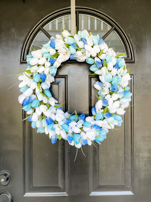 Blue & White Tulip Wreath 18"- Local Pickup Only